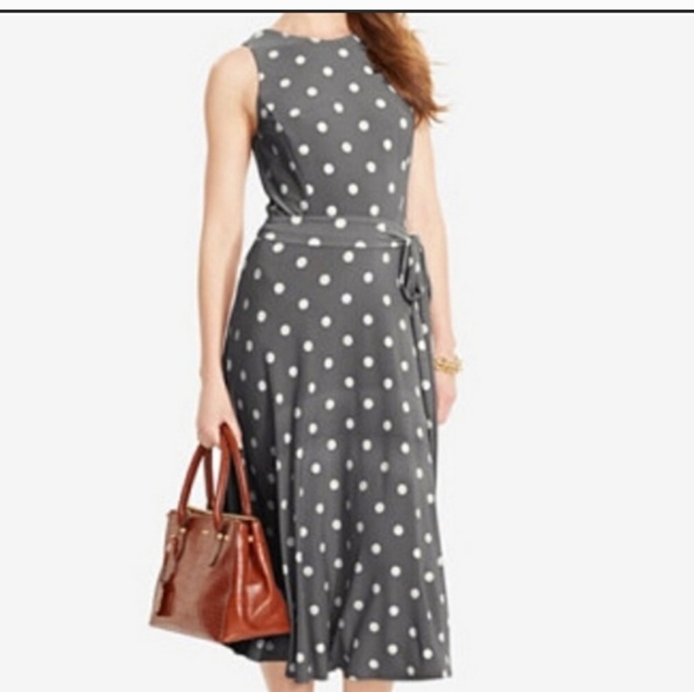Lauren Ralph Gray Polka Dot Midi Dress Size 14